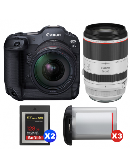 Canon EOS R3 + RF 24-70mm f/2.8 L IS USM + RF 70-200mm f/2.8 L IS USM + 2 SanDisk 128GB Extreme PRO CFexpress Type B + 3 Canon L|MCZ DIRECT