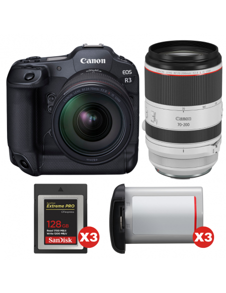 Canon EOS R3 + RF 24-70mm f/2.8 L IS USM + RF 70-200mm f/2.8 L IS USM + 3 SanDisk 128GB Extreme PRO CFexpress Type B + 3 Canon L|MCZ DIRECT