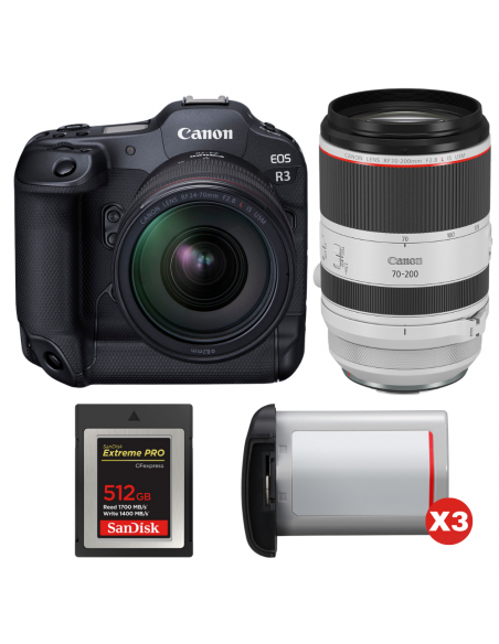 Canon EOS R3 + RF 24-70mm f/2.8 L IS USM + RF 70-200mm f/2.8 L IS USM + 1 SanDisk 512GB Extreme PRO CFexpress Type B + 3 Canon L|MCZ DIRECT