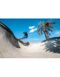 Skater realizando un truco en un bowl con palmera y cielo a, capturado con Tamron 16-30mm f/2.8 Di III VXD G2 montura Nikon Z Skater realizando un truco en un bowl con palmera y cielo a, capturado con Tamron 16-30mm f/2.8 Di III VXD G2 montura Nikon Z