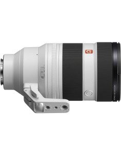Objectif Sony FE 50-150mm f/2 GM avec monture E, vue latérale, finition blanche et noire, support de trépied