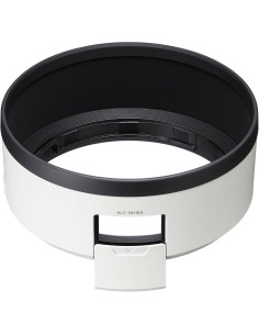 Paras sol de la lente Sony FE 50-150mm f/2 GM con diseño blanco y negro, compatible con montura E