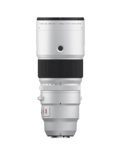 Fujifilm XF 500mm f/5.6 R LM OIS WR lens with white body and black grip, showcasing focus and control rings Fujifilm XF 500mm f/5.6 R LM OIS WR lens with white body and black grip, showcasing focus and control rings