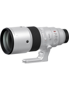 Fujifilm XF 500mm f/5.6 R LM OIS WR lens side view showcasing the white barrel and included tripod mount Fujifilm XF 500mm f/5.6 R LM OIS WR lens side view showcasing the white barrel and included tripod mount