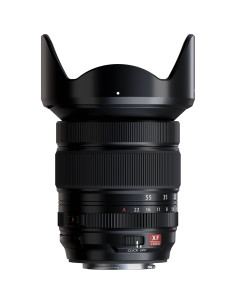 Fujifilm XF 16-55mm f/2.8 R LM WR II lens with hood, showcasing focus and aperture rings Fujifilm XF 16-55mm f/2.8 R LM WR II lens with hood, showcasing focus and aperture rings
