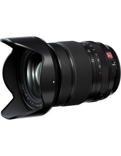 Fujifilm XF 16-55mm f/2.8 lens with lens hood, showcasing the zoom ring and focus controls Fujifilm XF 16-55mm f/2.8 lens with lens hood, showcasing the zoom ring and focus controls