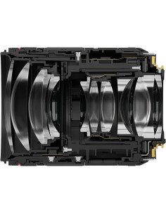 Cutaway view of Canon RF 85mm f/1.4 L VCM lens showing internal elements and design features Cutaway view of Canon RF 85mm f/1.4 L VCM lens showing internal elements and design features