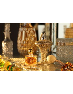 Elegant arrangement of vintage perfume bottles and decorative beads on a reflec, captured with Canon RF 85mm f/1.4 L VCM Lens Elegant arrangement of vintage perfume bottles and decorative beads on a reflec, captured with Canon RF 85mm f/1.4 L VCM Lens