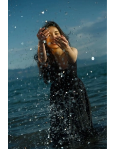 A woman in a black dress playing in the water, splashing droplets around, captured with Fujifilm XF 16-55mm f/2.8 R LM WR II A woman in a black dress playing in the water, splashing droplets around, captured with Fujifilm XF 16-55mm f/2.8 R LM WR II