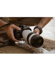 Photographe en pleine action sur la plage, appareil à la main, environnement naturel, lumière dou, capture au Sony Alpha 1 II
