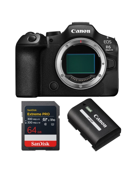Canon EOS R6 Mark III + 1 SanDisk 64GB Extreme PRO UHS-II SDXC + Canon LP-E6P Canon MIRRORLESS CAMERAS €2,459.00 MCZ DIRECT