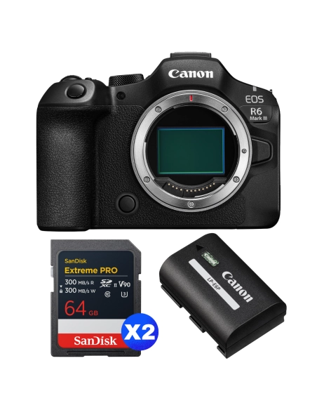 Canon EOS R6 Mark III + 2 SanDisk 64GB Extreme PRO UHS-II SDXC + Canon LP-E6P Canon MIRRORLESS CAMERAS €2,561.00 MCZ DIRECT