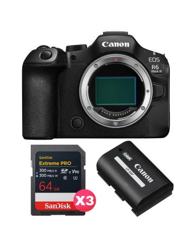 Canon EOS R6 Mark III + 3 SanDisk 64GB Extreme PRO UHS-II SDXC + Canon LP-E6P Canon MIRRORLESS CAMERAS €2,857.00 MCZ DIRECT