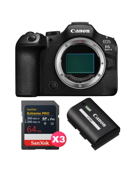 Canon EOS R6 Mark III + 3 SanDisk 64GB Extreme PRO UHS-II SDXC + Canon LP-E6P Canon MIRRORLESS CAMERAS €2,857.00 MCZ DIRECT