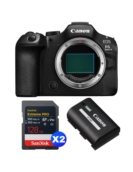 Canon EOS R6 Mark III + 2 SanDisk 128GB Extreme PRO UHS-II SDXC + Canon LP-E6P Canon MIRRORLESS CAMERAS €2,710.00 MCZ DIRECT