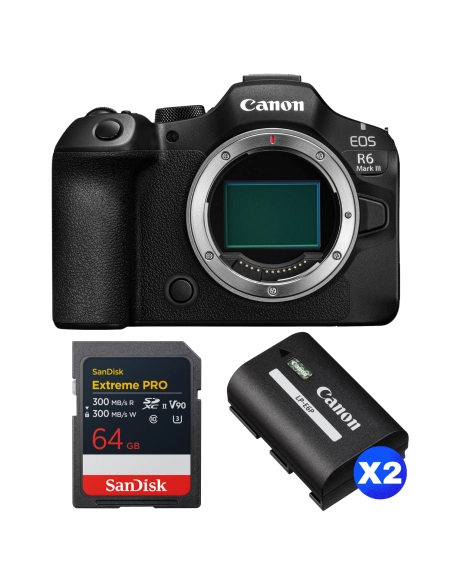 Canon EOS R6 Mark III + 1 SanDisk 64GB Extreme PRO UHS-II SDXC + 2 Canon LP-E6P Canon MIRRORLESS CAMERAS €2,565.00 MCZ DIRECT