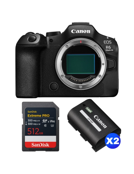 Canon EOS R6 Mark III + 1 SanDisk 512GB Extreme PRO UHS-II SDXC + 2 Canon LP-E6P Canon MIRRORLESS CAMERAS €3,108.00 MCZ DIRECT
