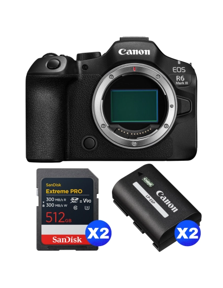 Canon EOS R6 Mark III + 2 SanDisk 512GB Extreme PRO UHS-II SDXC + 2 Canon LP-E6P Canon CÁMARAS SIN ESPEJO 3.772,00 € MCZ DIRECT