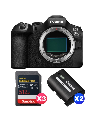 Canon EOS R6 Mark III + 3 SanDisk 512GB Extreme PRO UHS-II SDXC + 2 Canon LP-E6P Canon CÁMARAS SIN ESPEJO 4.503,00 € MCZ DIRECT