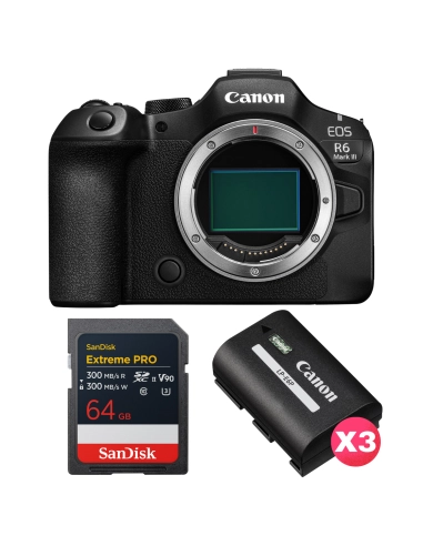 Canon EOS R6 Mark III + 1 SanDisk 64GB Extreme PRO UHS-II SDXC + 3 Canon LP-E6P Canon CÁMARAS SIN ESPEJO 2.762,00 € MCZ DIRECT