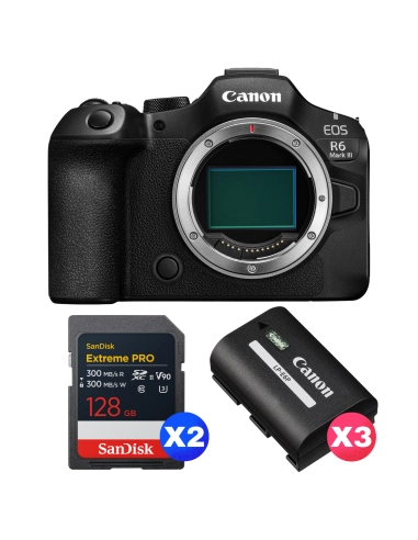 Canon EOS R6 Mark III + 2 SanDisk 128GB Extreme PRO UHS-II SDXC + 3 Canon LP-E6P Canon CÁMARAS SIN ESPEJO 3.121,00 € MCZ DIRECT