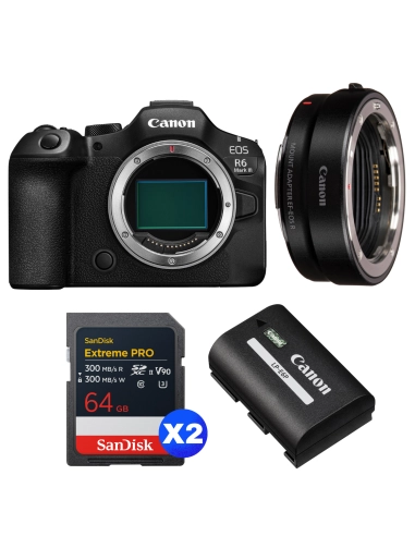 Canon EOS R6 Mark III + Canon EF-EOS R + 2 SanDisk 64GB Extreme PRO UHS-II SDXC + Canon LP-E6P Canon CÁMARAS SIN ESPEJO 2.696,00 € MCZ DIRECT