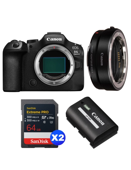 Canon EOS R6 Mark III + Canon EF-EOS R + 2 SanDisk 64GB Extreme PRO UHS-II SDXC + Canon LP-E6P Canon CÁMARAS SIN ESPEJO 2.696,00 € MCZ DIRECT