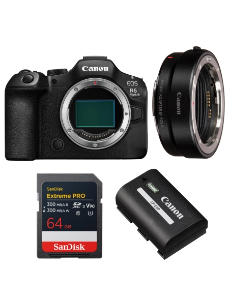 Canon EOS R6 Mark III + Canon EF-EOS R + 1 SanDisk 64GB Extreme PRO UHS-II SDXC + Canon LP-E6P Canon MIRRORLESS CAMERAS €2,602.00 MCZ DIRECT