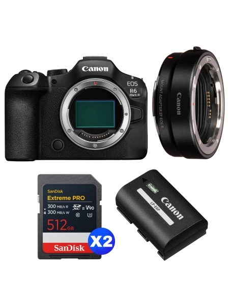 Canon EOS R6 Mark III + Canon EF-EOS R + 2 SanDisk 512GB Extreme PRO UHS-II SDXC + Canon LP-E6P Canon CÁMARAS SIN ESPEJO 3.456,00 € MCZ DIRECT