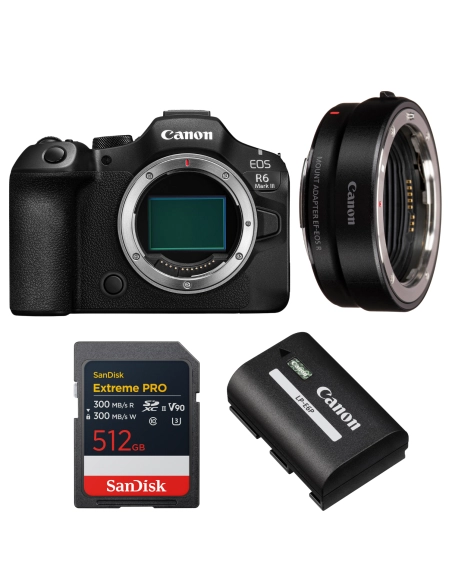 Canon EOS R6 Mark III + Canon EF-EOS R + 1 SanDisk 512GB Extreme PRO UHS-II SDXC + Canon LP-E6P Canon CÁMARAS SIN ESPEJO 2.981,00 € MCZ DIRECT