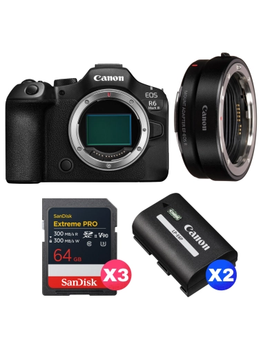 Canon EOS R6 Mark III + Canon EF-EOS R + 3 SanDisk 64GB Extreme PRO UHS-II SDXC + 2 Canon LP-E6P Canon MIRRORLESS CAMERAS €2,896.00 MCZ DIRECT