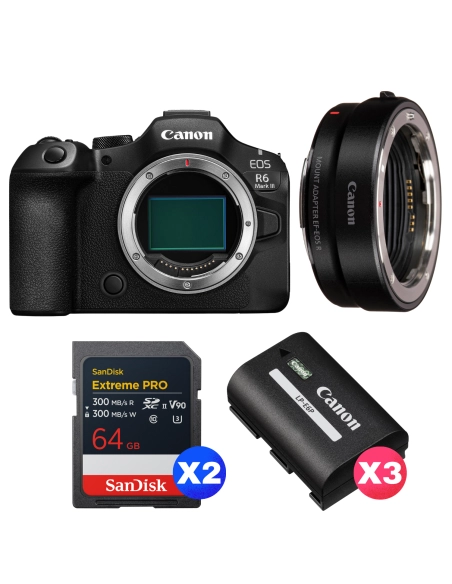 Canon EOS R6 Mark III + Canon EF-EOS R + 2 SanDisk 64GB Extreme PRO UHS-II SDXC + 3 Canon LP-E6P Canon MIRRORLESS CAMERAS €2,908.00 MCZ DIRECT