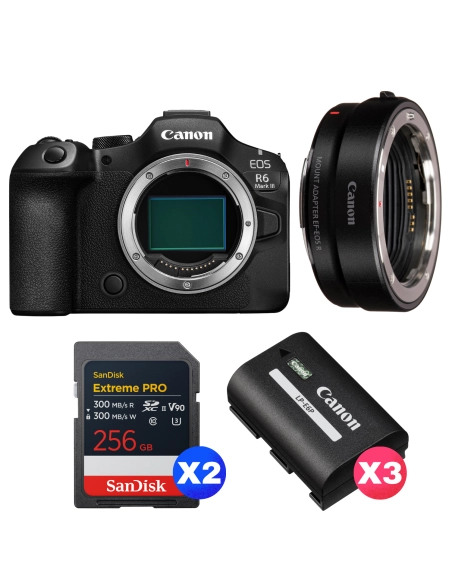 Canon EOS R6 Mark III + Canon EF-EOS R + 2 SanDisk 256GB Extreme PRO UHS-II SDXC + 3 Canon LP-E6P Canon APPAREIL PHOTO HYBRIDE 3 191,00 € MCZ DIRECT