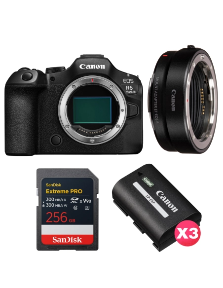 Canon EOS R6 Mark III + Canon EF-EOS R + 1 SanDisk 256GB Extreme PRO UHS-II SDXC + 3 Canon LP-E6P Canon MIRRORLESS CAMERAS €2,955.00 MCZ DIRECT