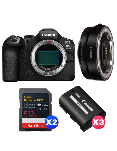 Canon EOS R6 Mark III + Canon EF-EOS R + 2 SanDisk 512GB Extreme PRO UHS-II SDXC + 3 Canon LP-E6P Canon APPAREIL PHOTO HYBRIDE 3 668,00 € MCZ DIRECT