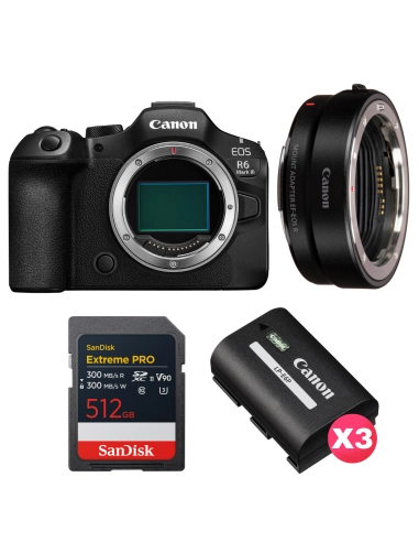 Canon EOS R6 Mark III + Canon EF-EOS R + 1 SanDisk 512GB Extreme PRO UHS-II SDXC + 3 Canon LP-E6P Canon CÁMARAS SIN ESPEJO 3.194,00 € MCZ DIRECT