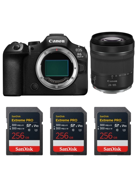 Canon EOS R6 Mark III + RF 24-105mm f/4-7.1 IS STM + 3 SanDisk 256GB Extreme PRO UHS-II SDXC Canon APPAREIL PHOTO HYBRIDE 3 277,00 € MCZ DIRECT