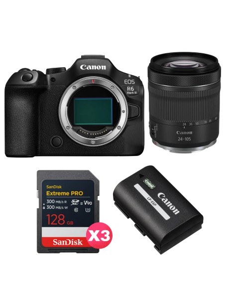 Canon EOS R6 Mark III + RF 24-105mm f/4-7.1 IS STM + 3 SanDisk 128GB Extreme PRO UHS-II SDXC + Canon LP-E6P Canon APPAREIL PHOTO HYBRIDE 3 458,00 € MCZ DIRECT