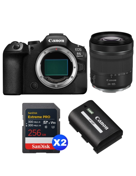 Canon EOS R6 Mark III + RF 24-105mm f/4-7.1 IS STM + 2 SanDisk 256GB Extreme PRO UHS-II SDXC + Canon LP-E6P Canon MIRRORLESS CAMERAS €3,148.00 MCZ DIRECT
