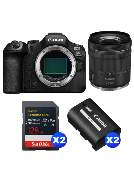 Canon EOS R6 Mark III + RF 24-105mm f/4-7.1 IS STM + 2 SanDisk 128GB Extreme PRO UHS-II SDXC + 2 Canon LP-E6P Canon APPAREIL PHOTO HYBRIDE 3 128,00 € MCZ DIRECT