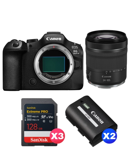 Canon EOS R6 Mark III + RF 24-105mm f/4-7.1 IS STM + 3 SanDisk 128GB Extreme PRO UHS-II SDXC + 2 Canon LP-E6P Canon APPAREIL PHOTO HYBRIDE 3 301,00 € MCZ DIRECT