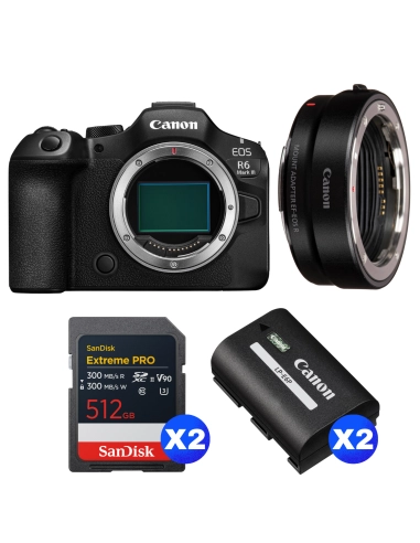 Canon EOS R6 Mark III + Canon EF-EOS R + 2 SanDisk 512GB Extreme PRO UHS-II SDXC + 2 Canon LP-E6P Canon CÁMARAS SIN ESPEJO 3.562,00 € MCZ DIRECT