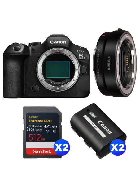 Canon EOS R6 Mark III + Canon EF-EOS R + 2 SanDisk 512GB Extreme PRO UHS-II SDXC + 2 Canon LP-E6P Canon MIRRORLESS CAMERAS €3,562.00 MCZ DIRECT