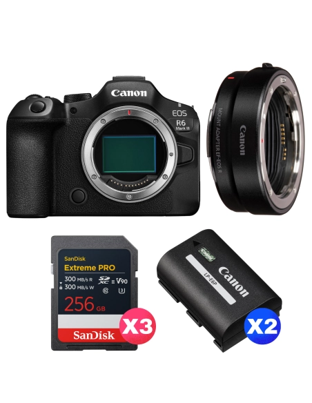 Canon EOS R6 Mark III + Canon EF-EOS R + 3 SanDisk 256GB Extreme PRO UHS-II SDXC + 2 Canon LP-E6P Canon CÁMARAS SIN ESPEJO 3.321,00 € MCZ DIRECT