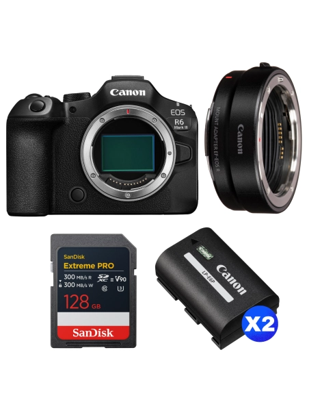Canon EOS R6 Mark III + Canon EF-EOS R + 1 SanDisk 128GB Extreme PRO UHS-II SDXC + 2 Canon LP-E6P Canon APPAREIL PHOTO HYBRIDE 2 786,00 € MCZ DIRECT