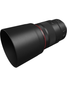Canon RF 135mm f/1.8 L IS USM lens with hood, showcasing RF mount and focus controls Canon RF 135mm f/1.8 L IS USM lens with hood, showcasing RF mount and focus controls