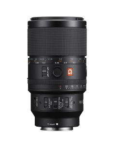 Objetivo macro Sony FE 100mm f/2.8 con detalles de enfoque y controles visibles Objetivo macro Sony FE 100mm f/2.8 con detalles de enfoque y controles visibles
