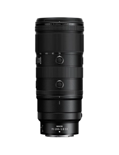 Nikon Z 70-200mm f/2.8 VR S II lens, showcasing zoom range and control rings, designed for full-frame cameras Nikon Z 70-200mm f/2.8 VR S II lens, showcasing zoom range and control rings, designed for full-frame cameras