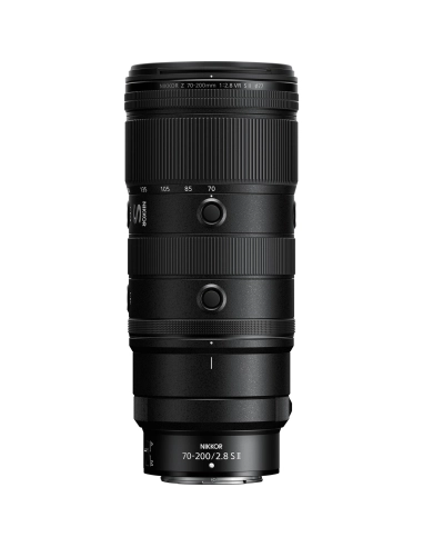 Nikon Z 70-200mm f/2.8 VR S II lens, showcasing zoom range and control rings, designed for full-frame cameras