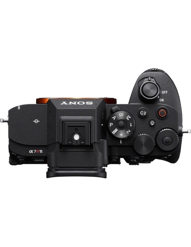 Cámara Sony a7R VI vista superior con controles, zapata y botones de ajuste